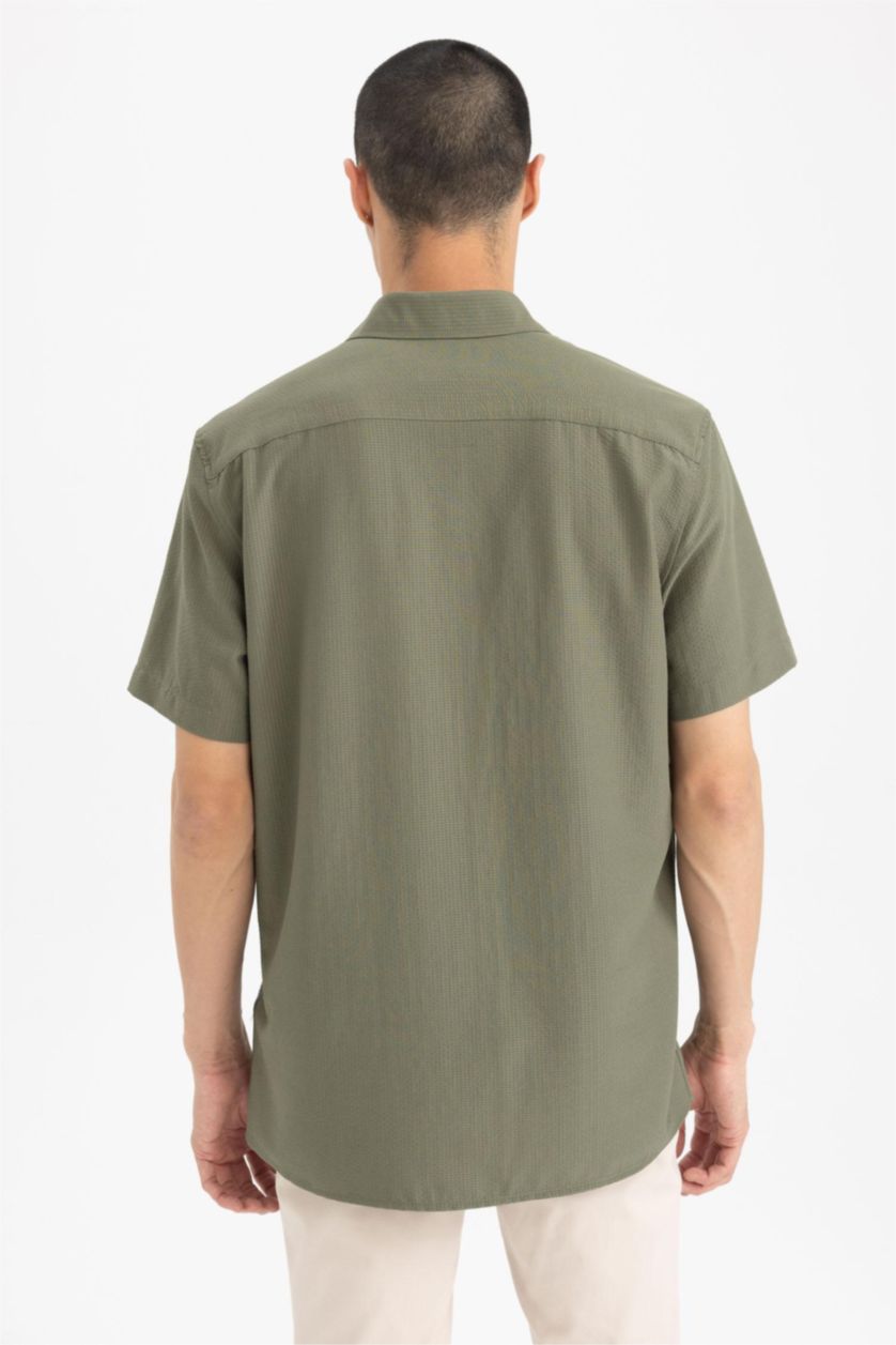 MAN Khaki Regular Fit Polo Collar Crinkle Short Sleeve Shirt