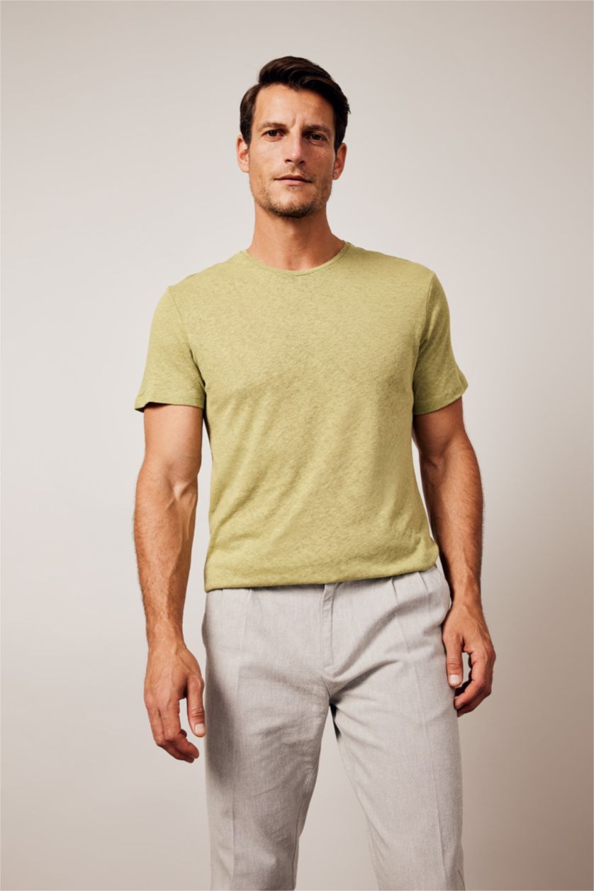 Erkek Yeşil Modern Fit Bisiklet Yaka Kısa Kollu Tişört