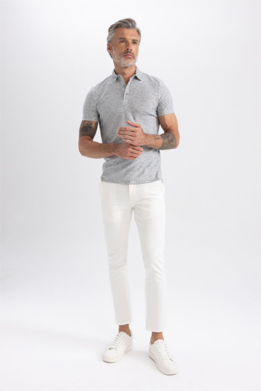 HOMME Gris Polo Coupe Moderne Micro Print Col Polo