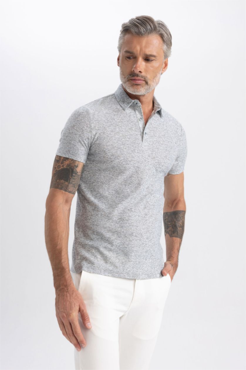 HOMME Gris Polo Coupe Moderne Micro Print Col Polo