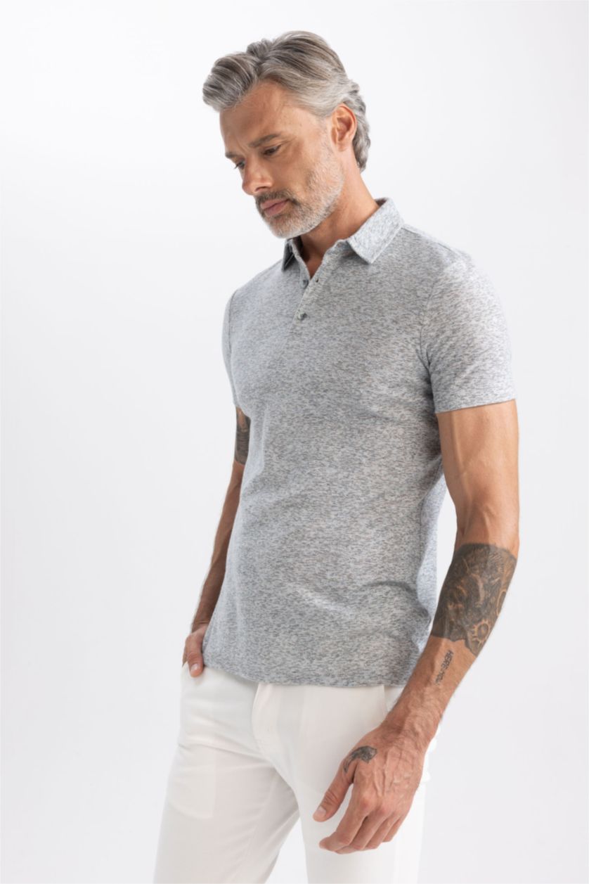 HOMME Gris Polo Coupe Moderne Micro Print Col Polo