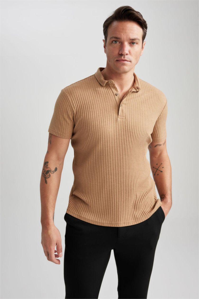 HOMME Beige T-Shirt Polo Coupe Slim À Col Polo