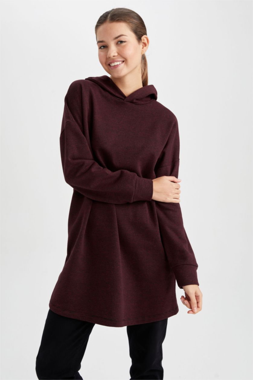 Kadın Bordo Regular Fit Kapüşonlu Uzun Kollu Sweatshirt Tunik