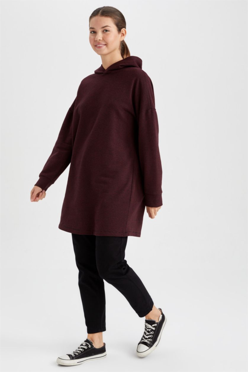 Kadın Bordo Regular Fit Kapüşonlu Uzun Kollu Sweatshirt Tunik