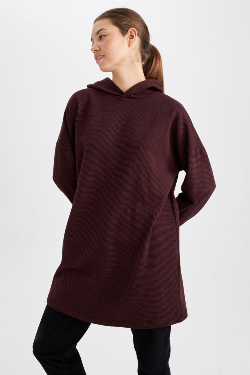 Kadın Bordo Regular Fit Kapüşonlu Uzun Kollu Sweatshirt Tunik