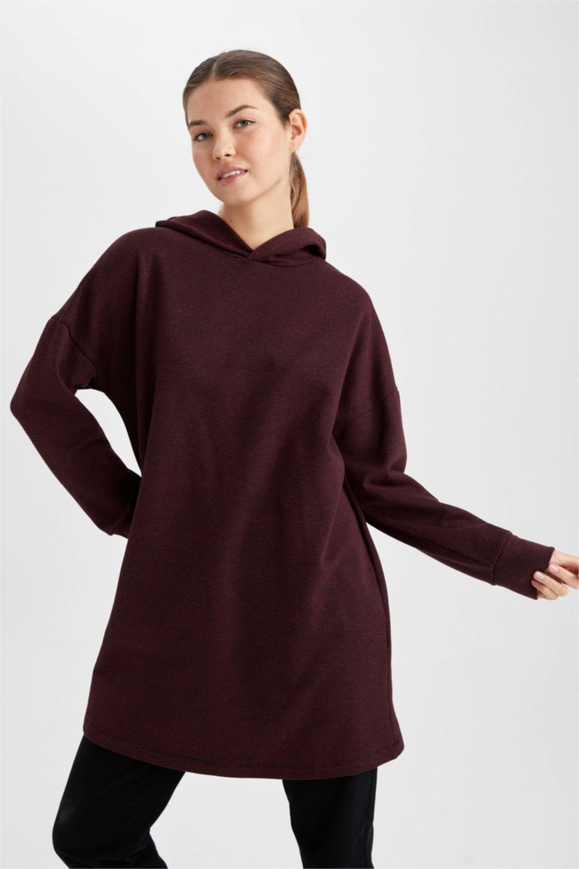 Kadın Bordo Regular Fit Kapüşonlu Uzun Kollu Sweatshirt Tunik
