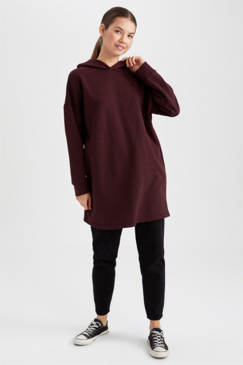 Kadın Bordo Regular Fit Kapüşonlu Uzun Kollu Sweatshirt Tunik