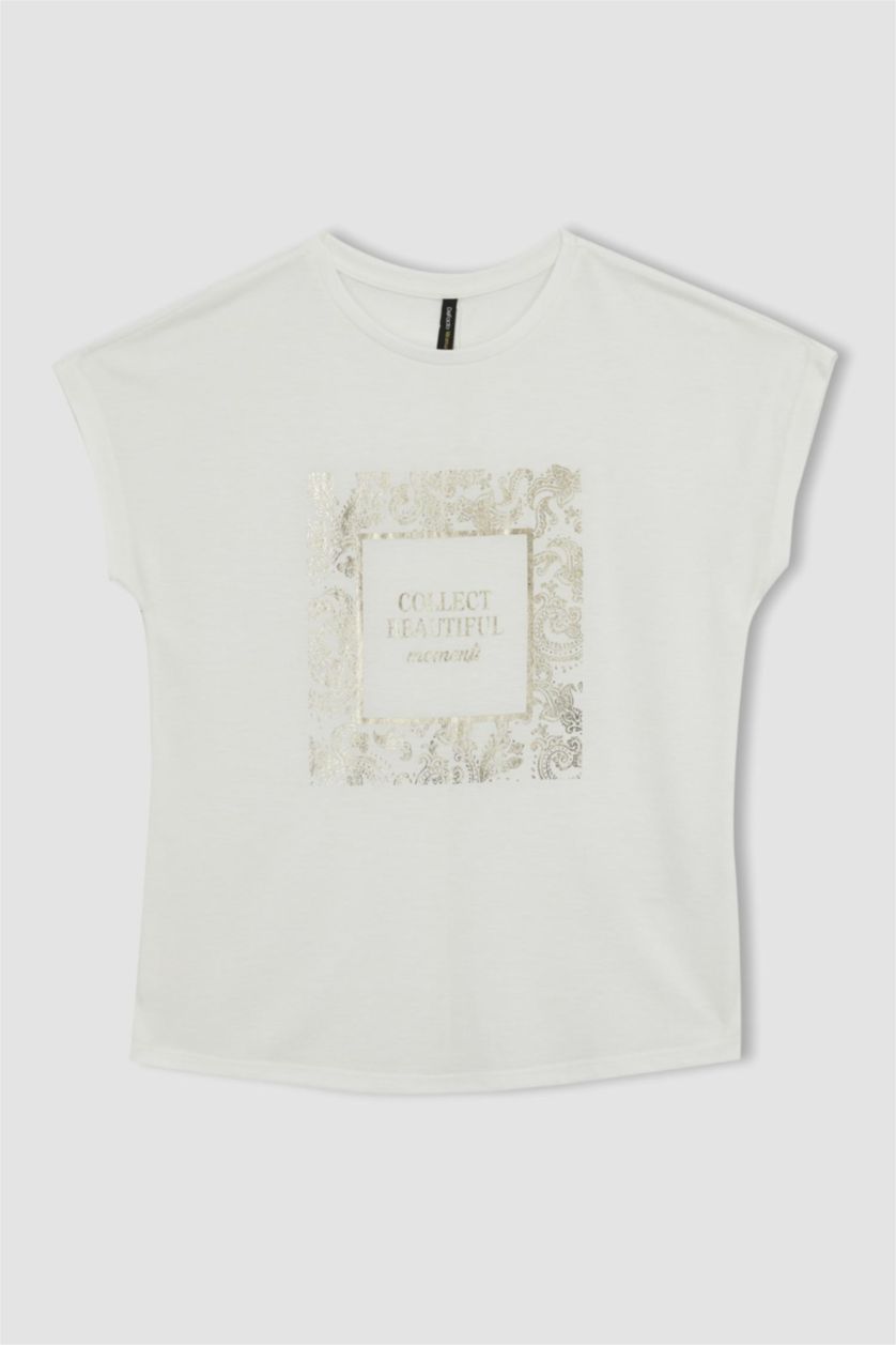 حريمي بيج فاتح تي شيرت نص كم بنمط البيزلي برقبة مستديرة