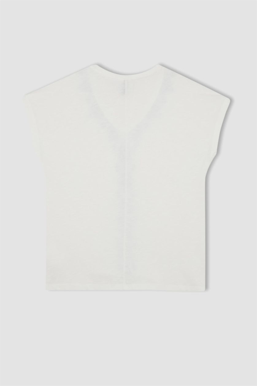 نساء بيج فاتح تيشيرت نص كم برقبة V