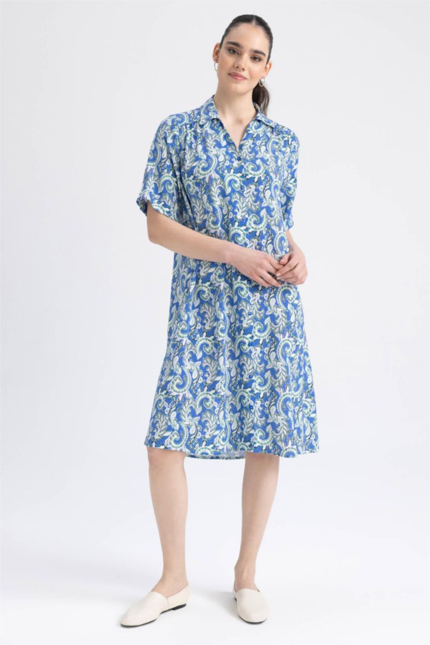 WOMAN Sax Traditional Shirt Collar Midi Short Sleeve Dress