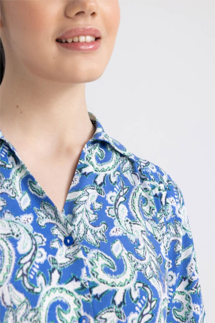 WOMAN Sax Traditional Shirt Collar Midi Short Sleeve Dress