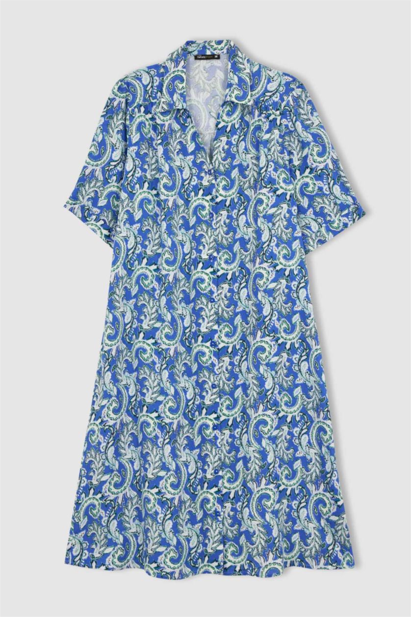 WOMAN Sax Traditional Shirt Collar Midi Short Sleeve Dress