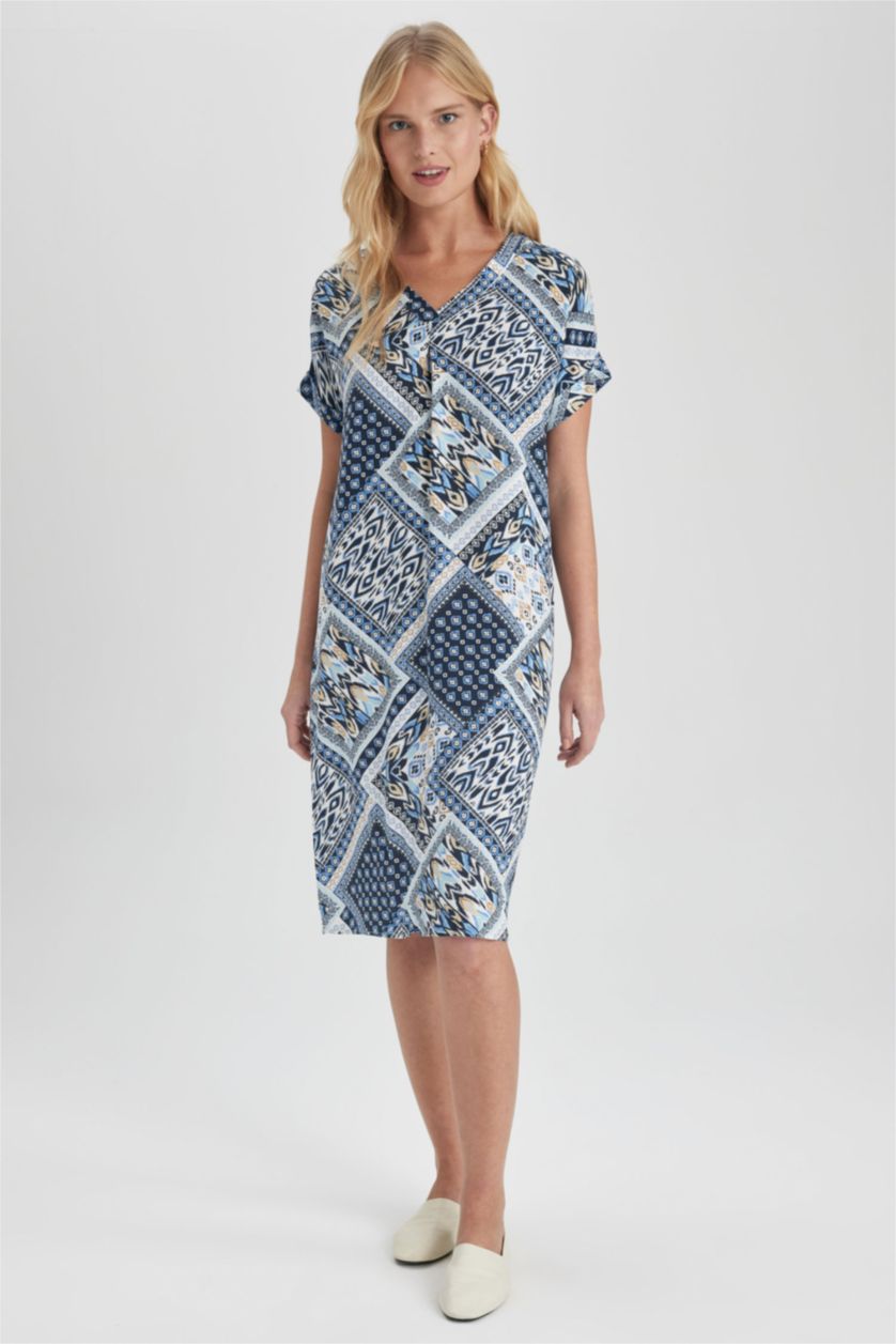 FEMME Bleu Robe Tissée À Manches Courtes