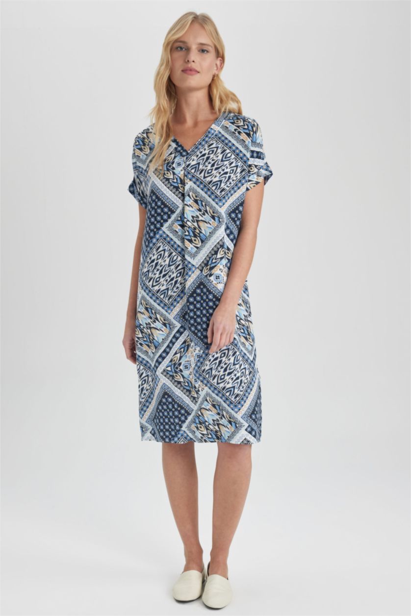 FEMME Bleu Robe Tissée À Manches Courtes