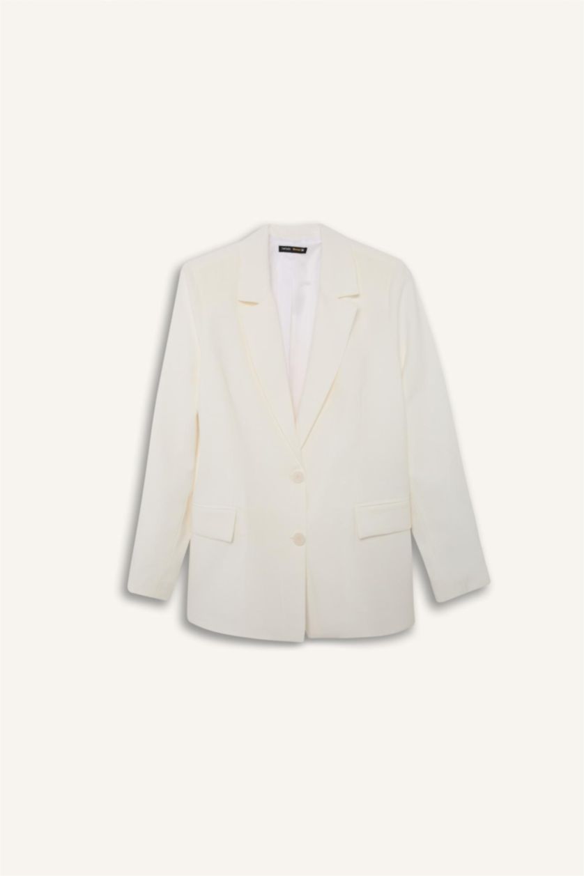 Kadın Ekru Loose Fit Kruvaze Yaka Düğmeli Blazer Ceket