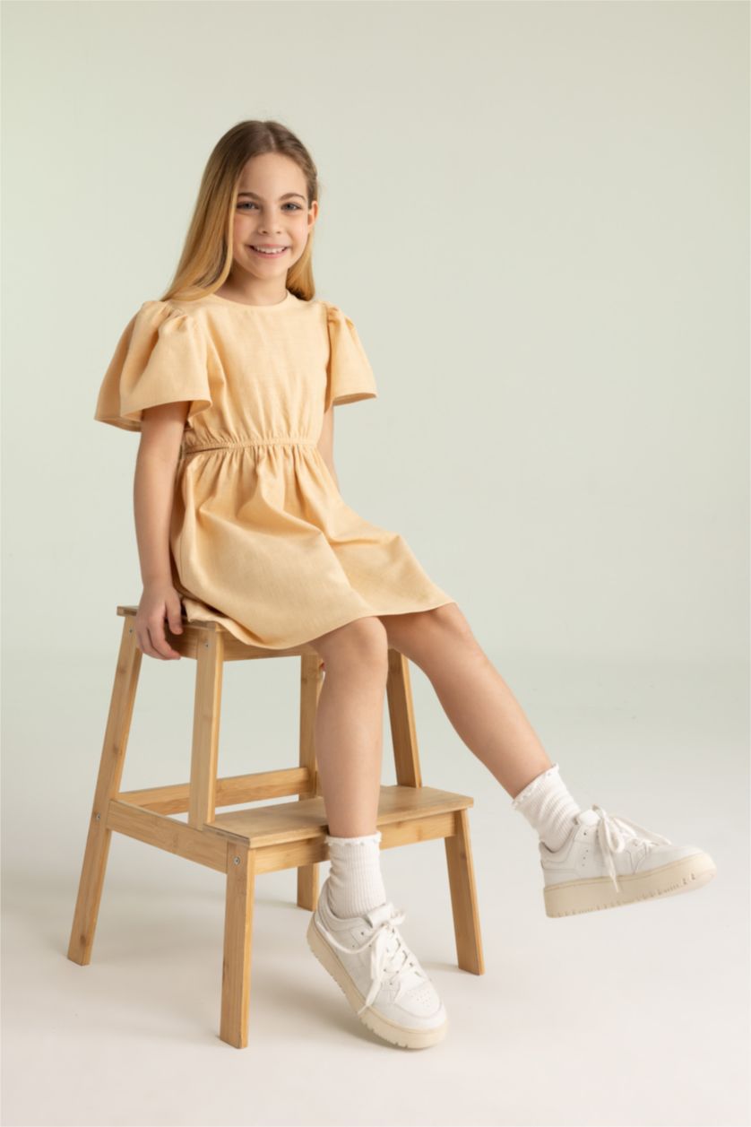 Girls & Teens Beige Regular Fit Cotton Dress