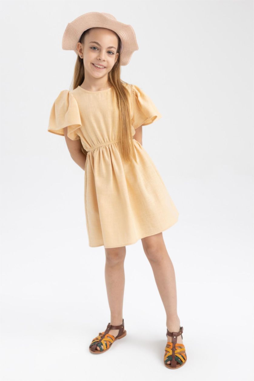Girls & Teens Beige Regular Fit Cotton Dress