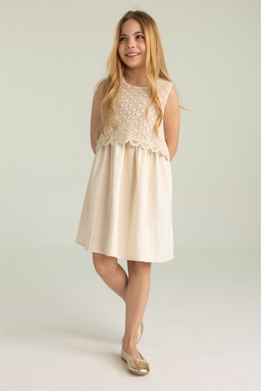 GIRLS & TEENS Ecru Girl Patterned Sleeveless Cotton Dress
