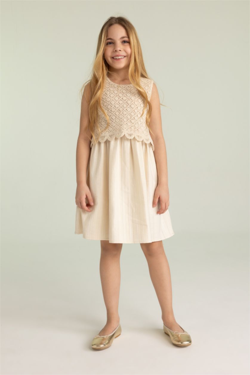 GIRLS & TEENS Ecru Girl Patterned Sleeveless Cotton Dress