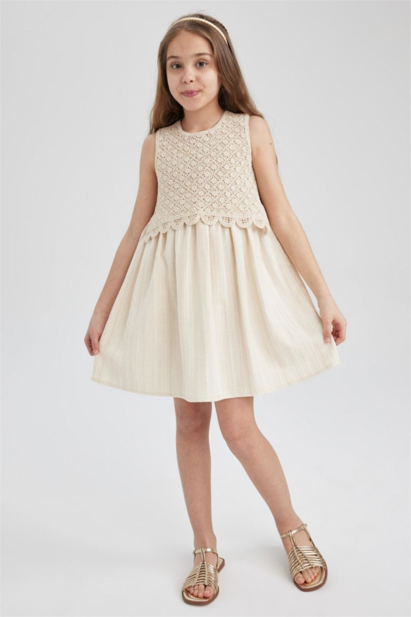 GIRLS & TEENS Ecru Girl Patterned Sleeveless Cotton Dress