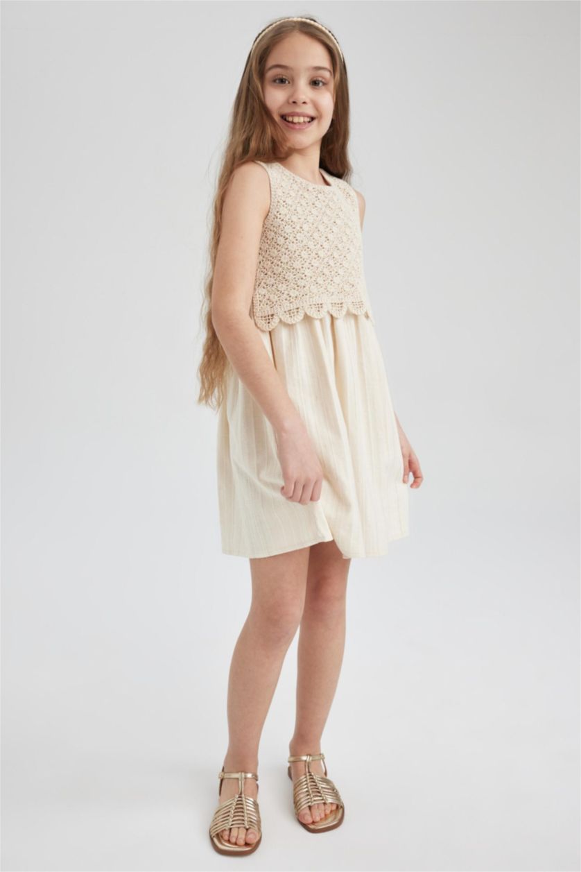 GIRLS & TEENS Ecru Girl Patterned Sleeveless Cotton Dress