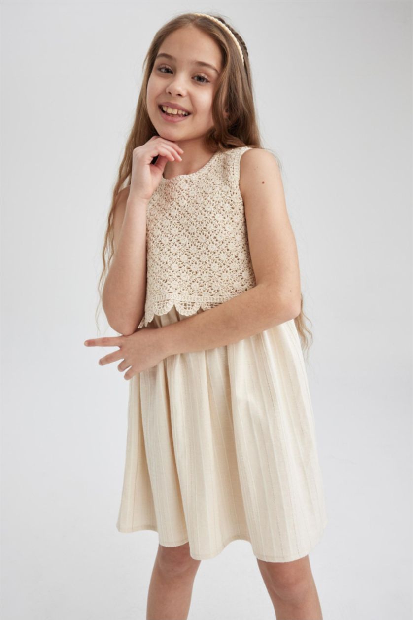 GIRLS & TEENS Ecru Girl Patterned Sleeveless Cotton Dress