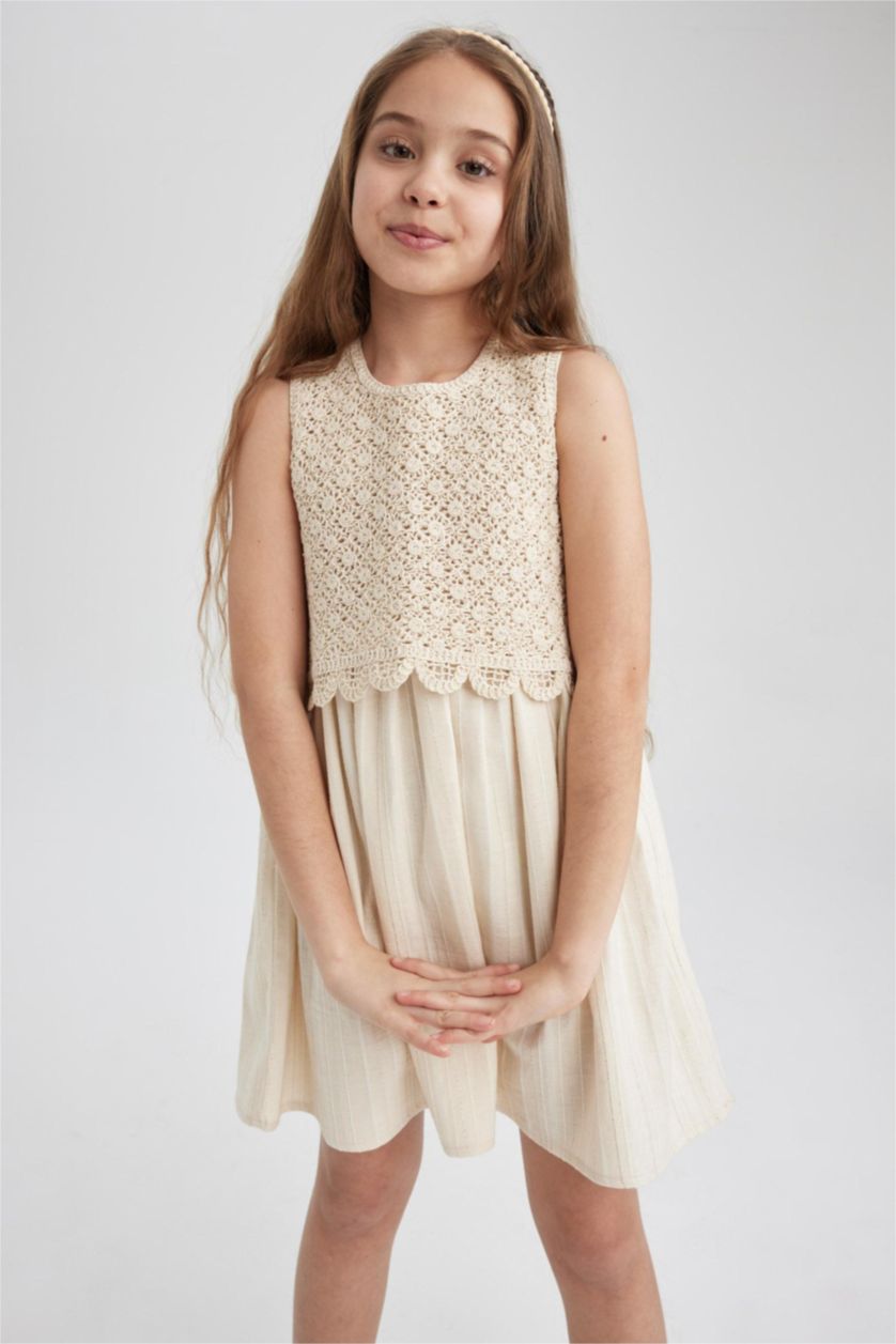GIRLS & TEENS Ecru Girl Patterned Sleeveless Cotton Dress
