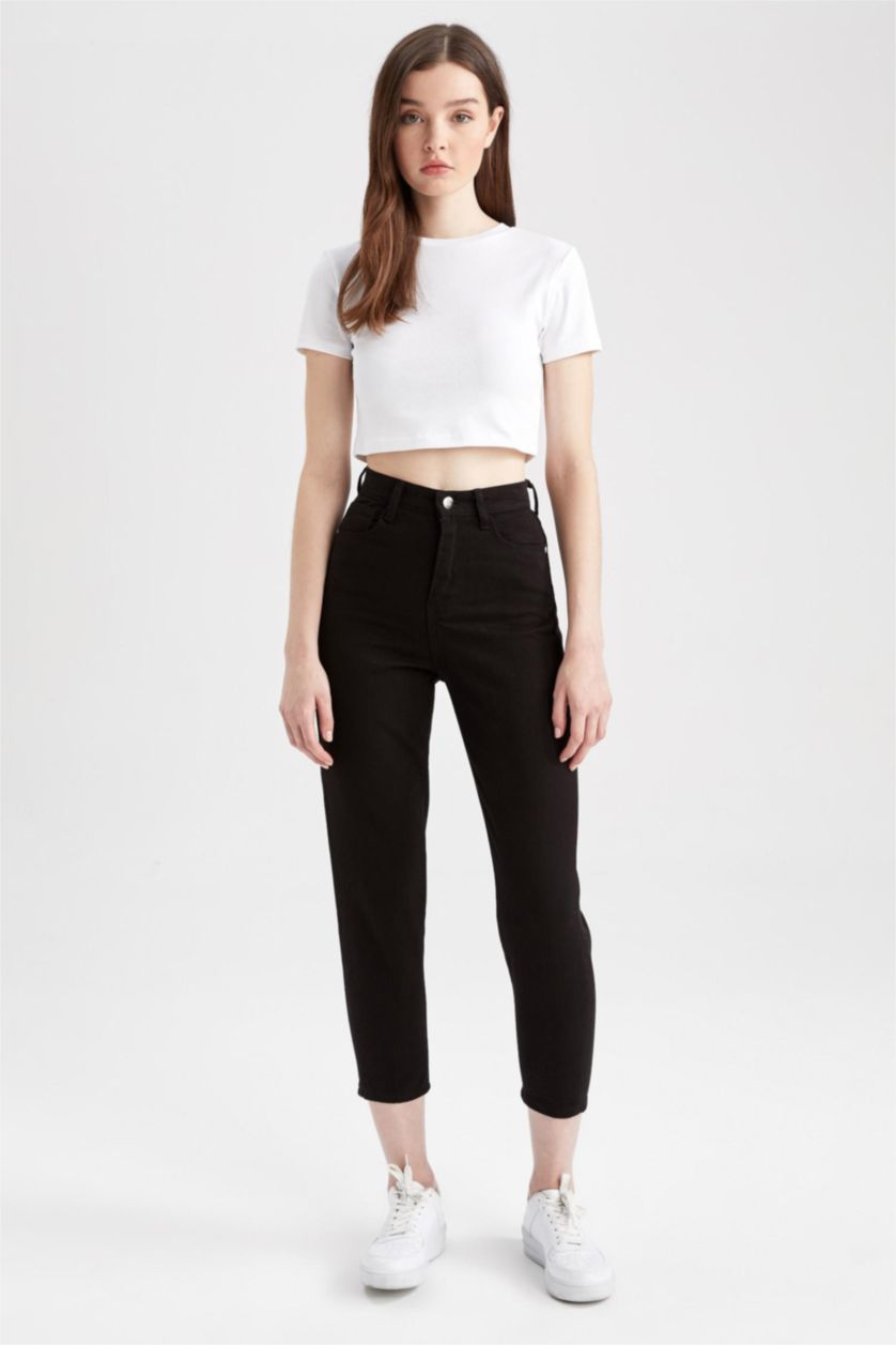 FEMME Noir Pantalon taille haute en Coton avec poches