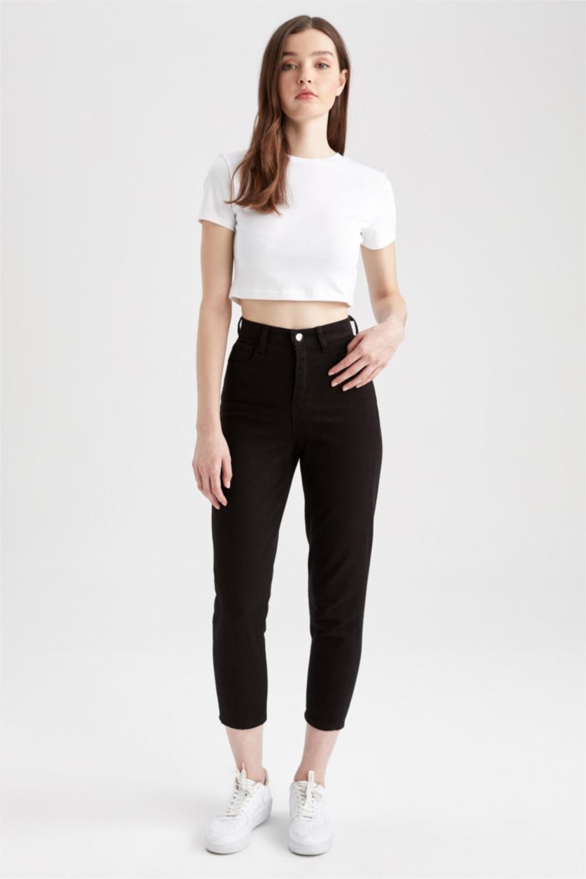 FEMME Noir Pantalon taille haute en Coton avec poches