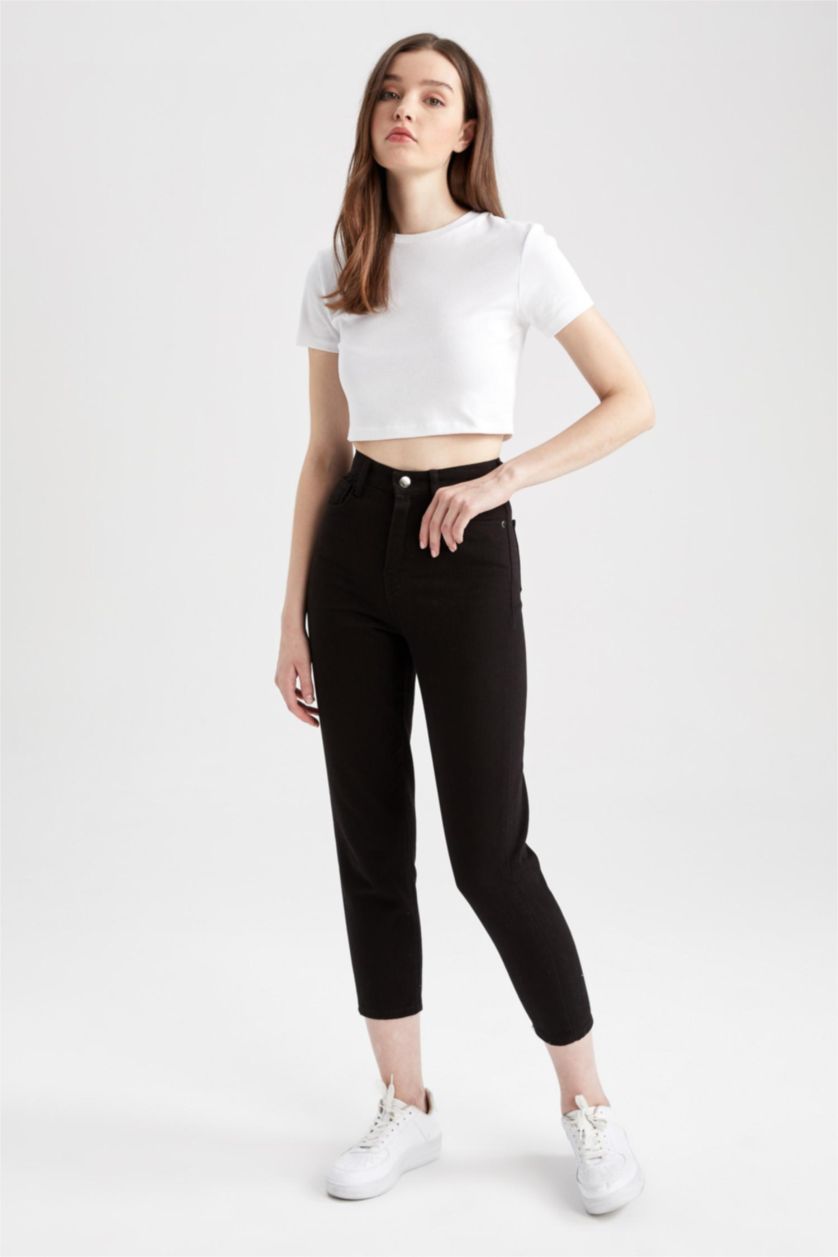 FEMME Noir Pantalon taille haute en Coton avec poches