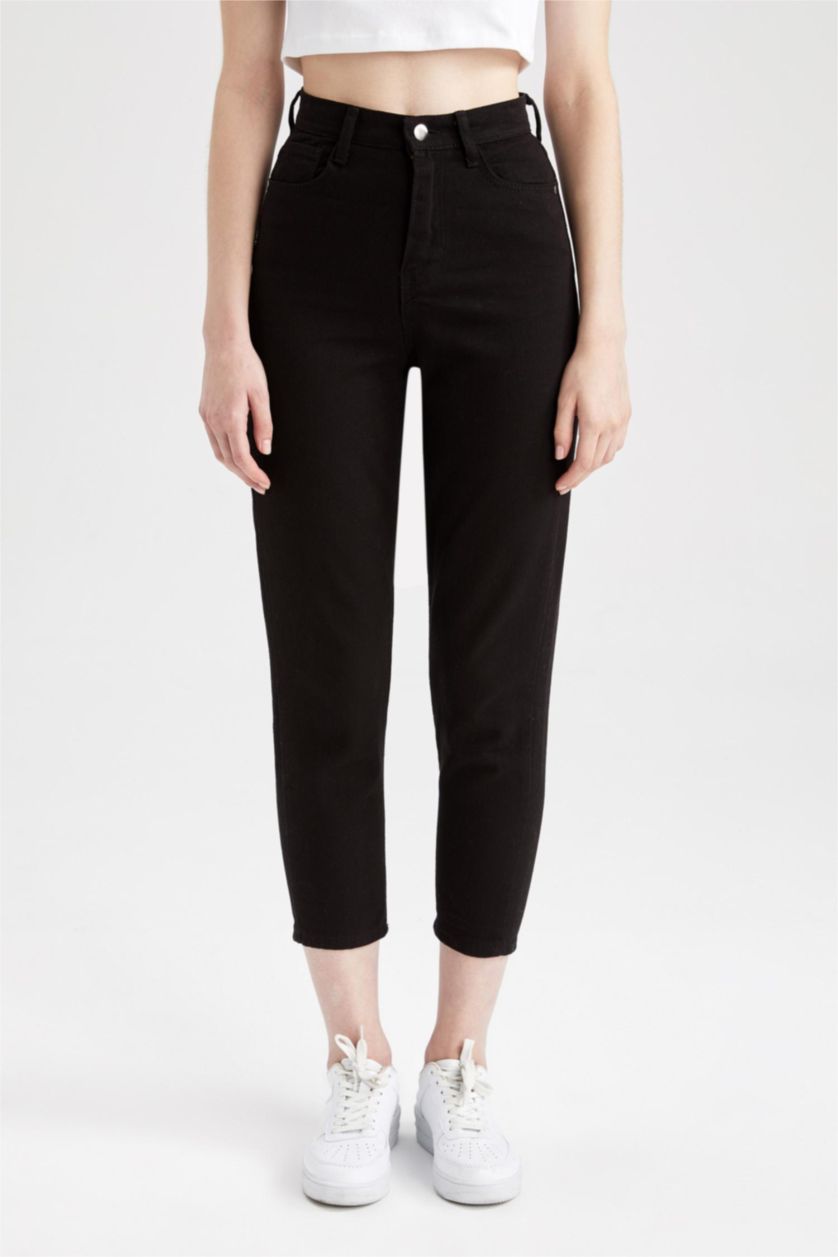 FEMME Noir Pantalon taille haute en Coton avec poches