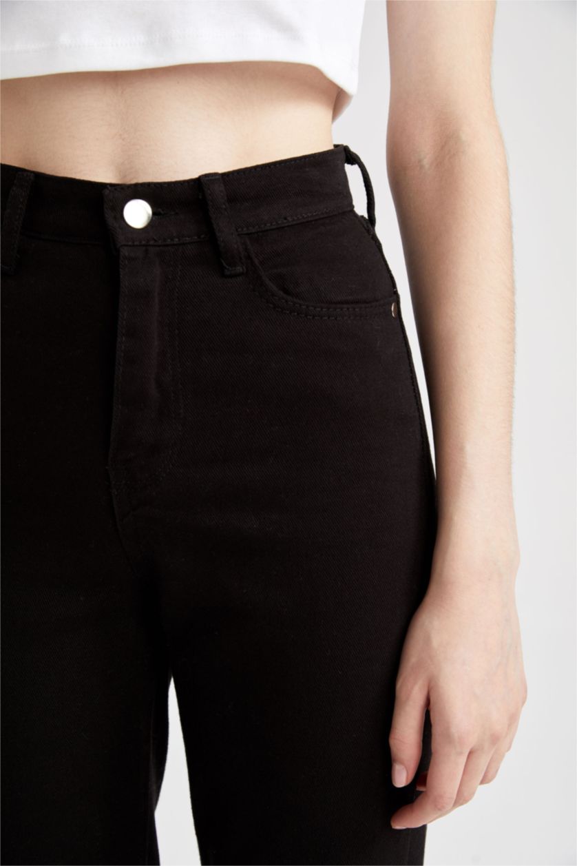 FEMME Noir Pantalon taille haute en Coton avec poches