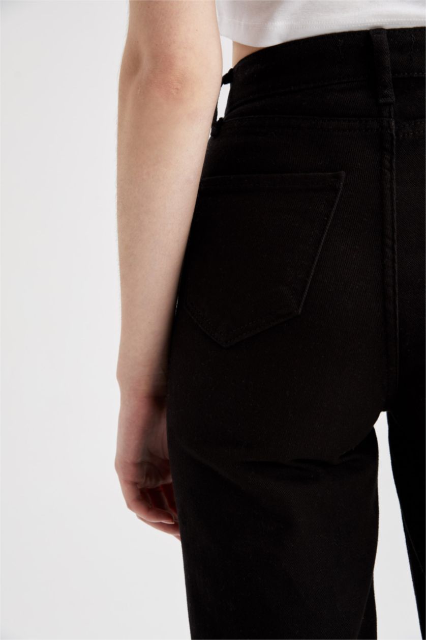 FEMME Noir Pantalon taille haute en Coton avec poches