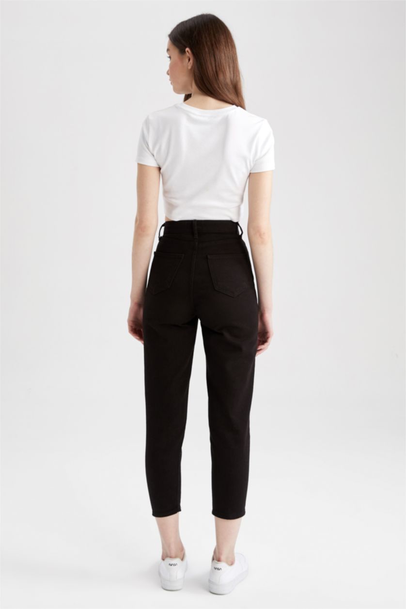 FEMME Noir Pantalon taille haute en Coton avec poches