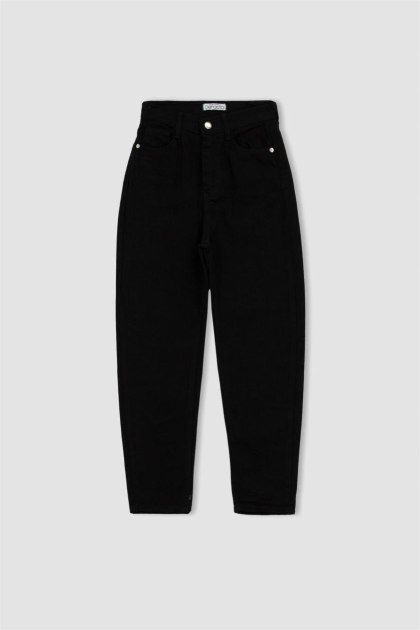 FEMME Noir Pantalon taille haute en Coton avec poches