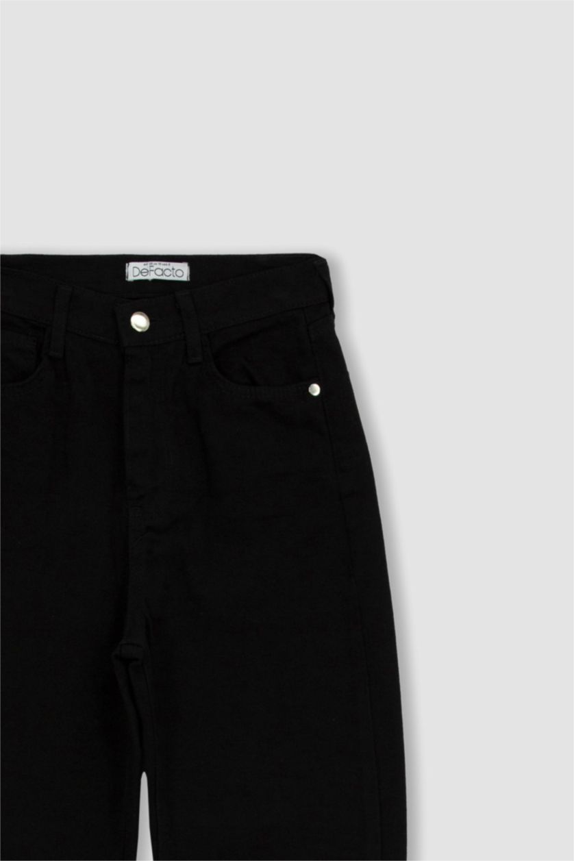 FEMME Noir Pantalon taille haute en Coton avec poches