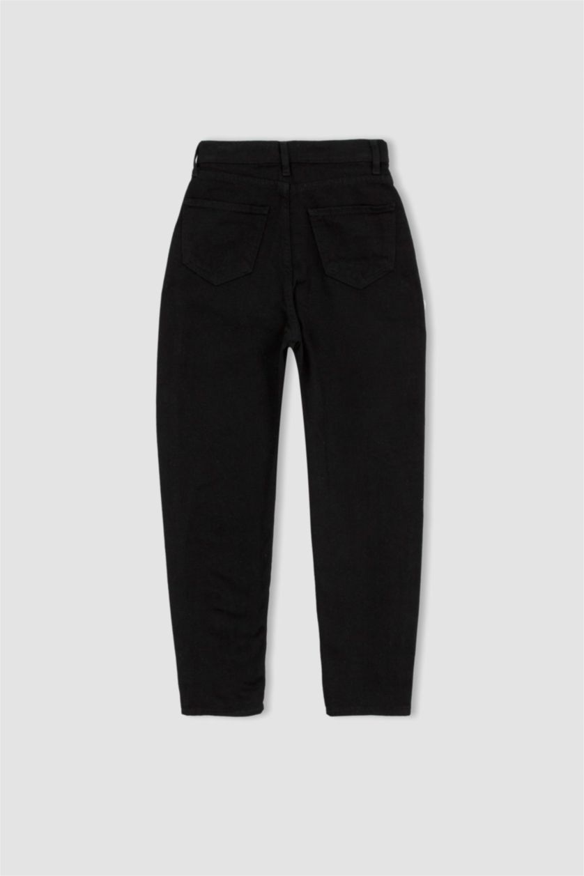 FEMME Noir Pantalon taille haute en Coton avec poches