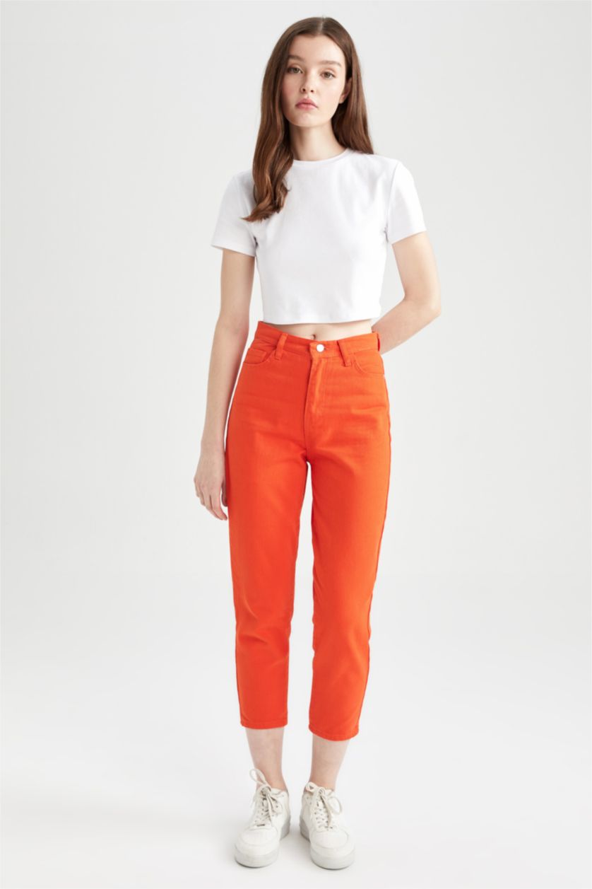 FEMME Orange Pantalon taille haute en Coton avec poches