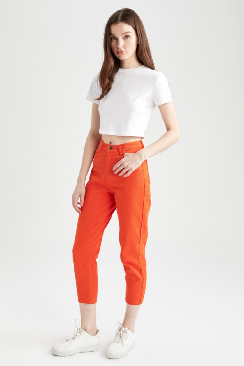 FEMME Orange Pantalon taille haute en Coton avec poches