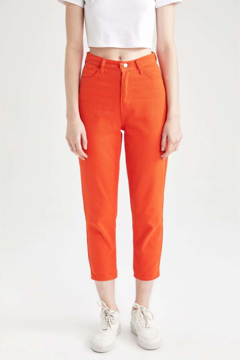 FEMME Orange Pantalon taille haute en Coton avec poches