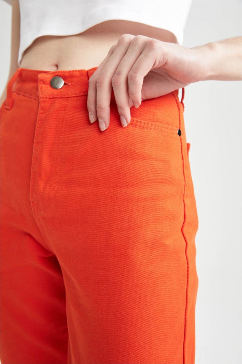 FEMME Orange Pantalon taille haute en Coton avec poches