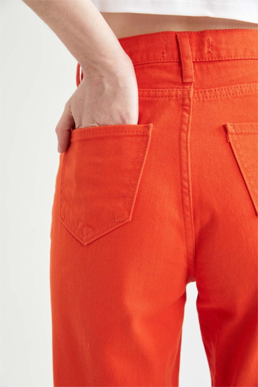 FEMME Orange Pantalon taille haute en Coton avec poches