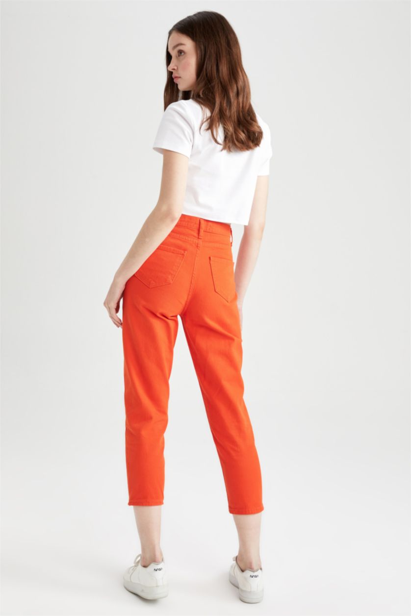 FEMME Orange Pantalon taille haute en Coton avec poches