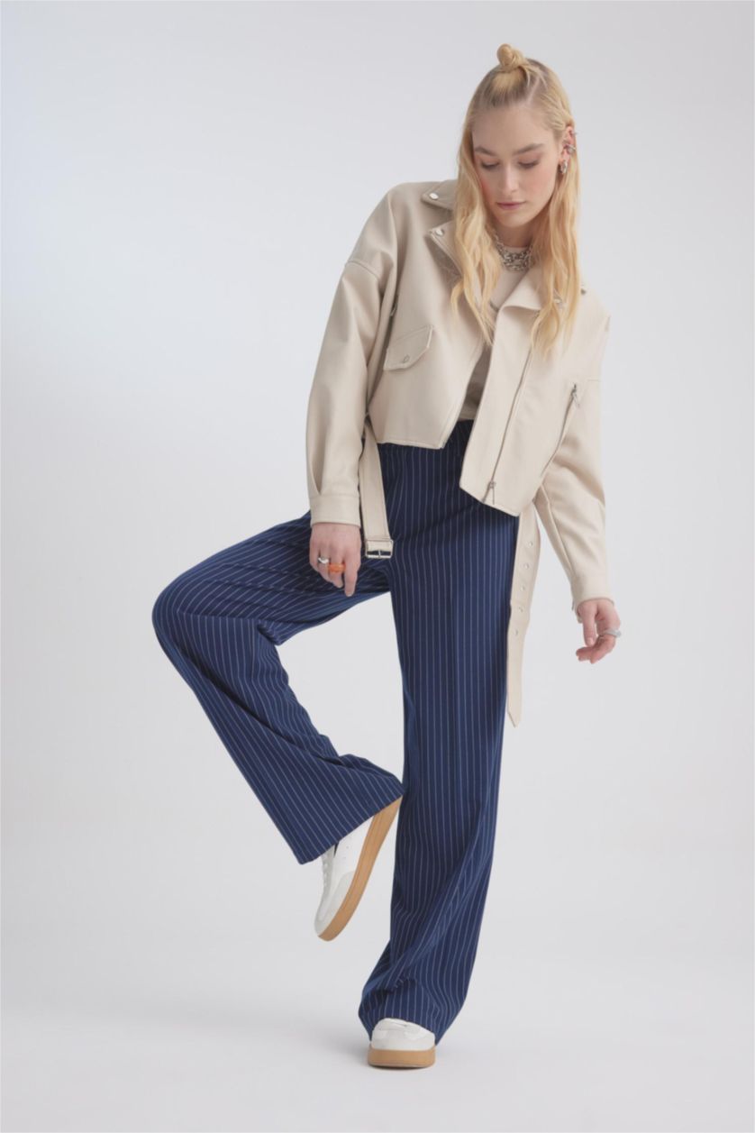 Kadın Lacivert Geniş Paça Çizgili Pantolon
