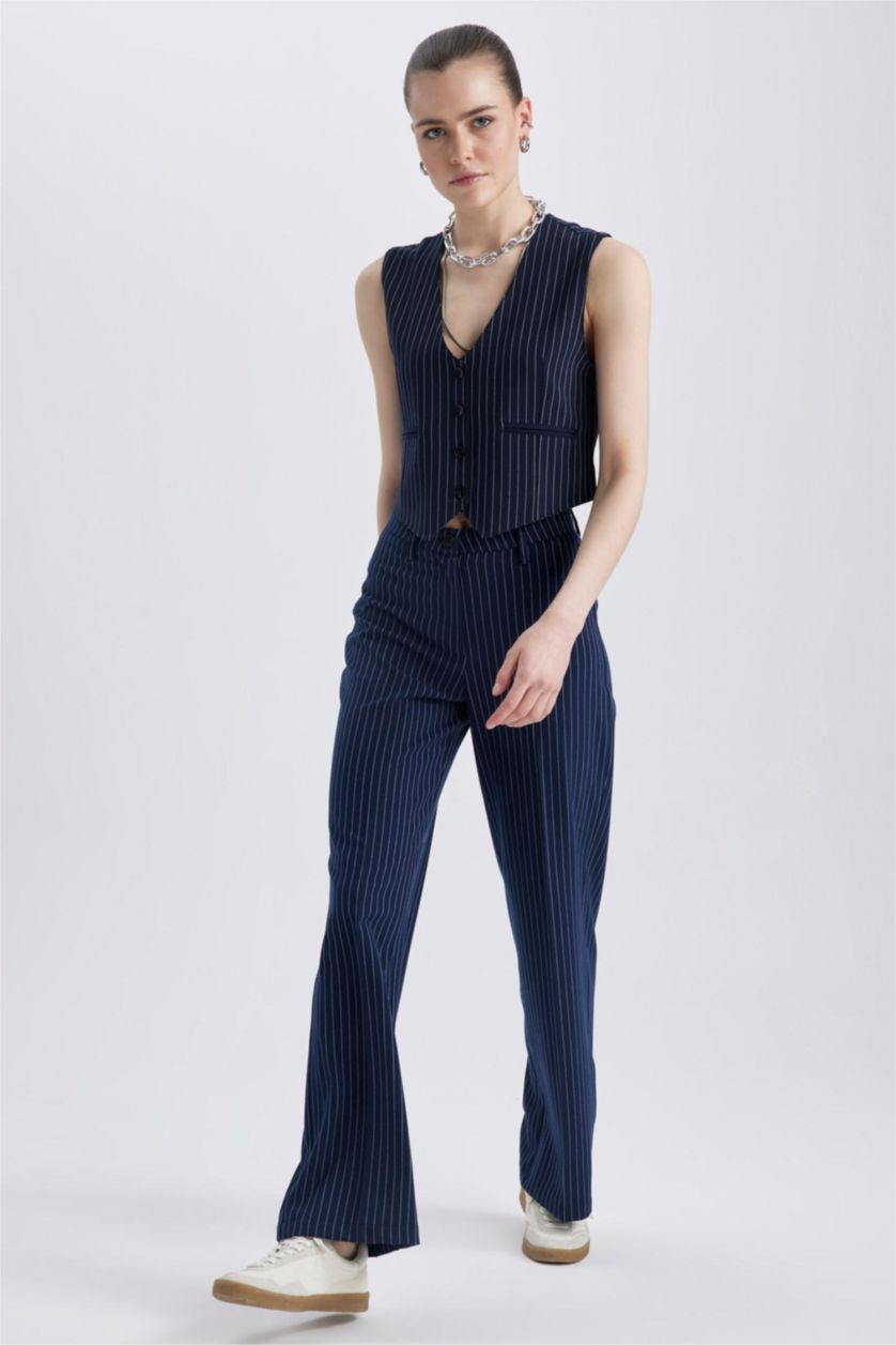 Kadın Lacivert Geniş Paça Çizgili Pantolon