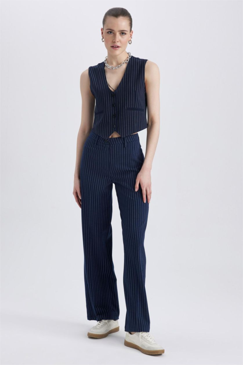 Kadın Lacivert Geniş Paça Çizgili Pantolon