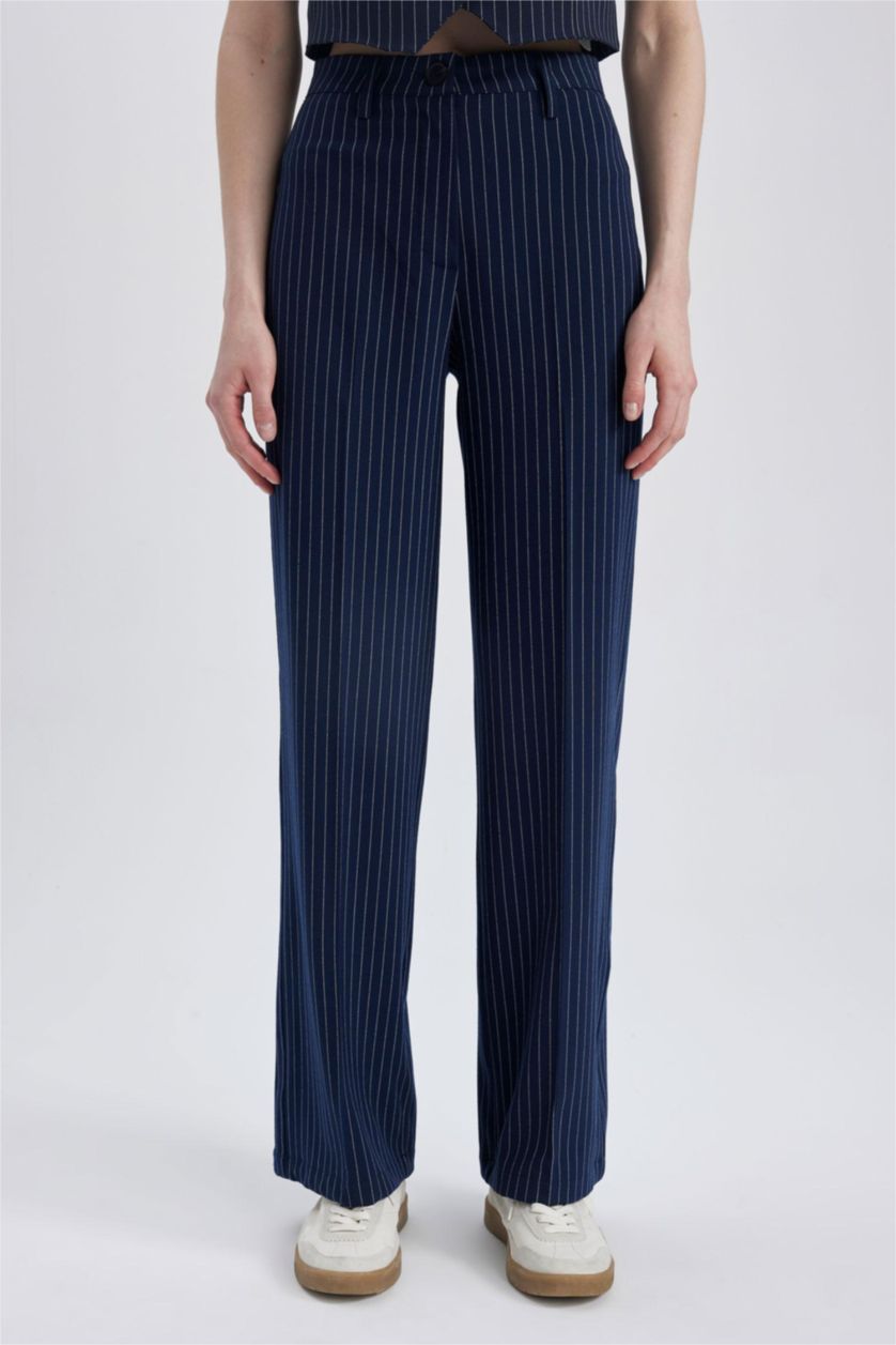 Kadın Lacivert Geniş Paça Çizgili Pantolon