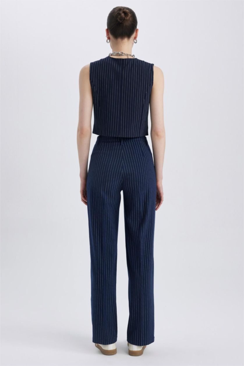 Kadın Lacivert Geniş Paça Çizgili Pantolon