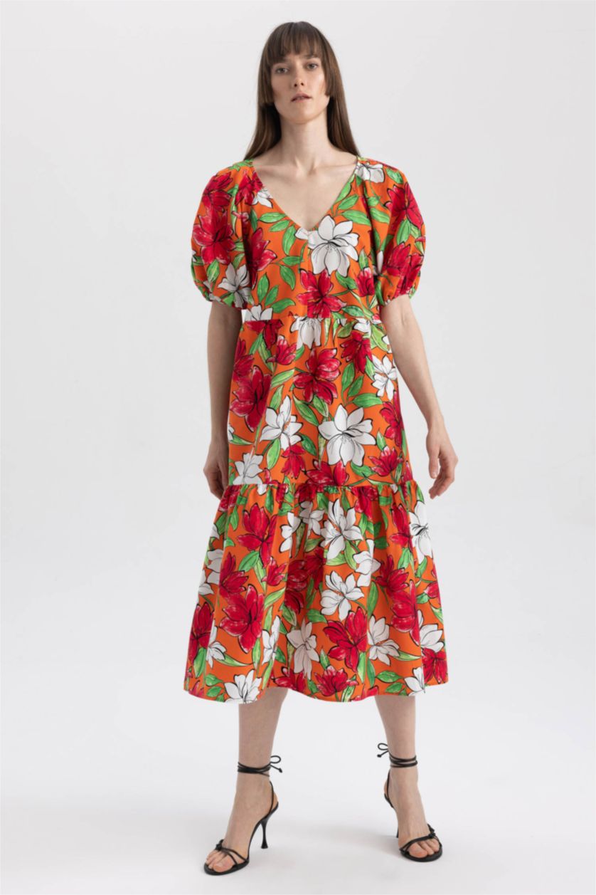 WOMAN Orange V-Neck Floral Poplin Raglan Sleeve Midi Short Sleeve Dress