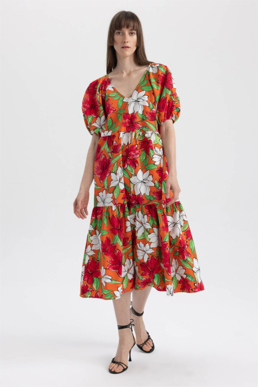 WOMAN Orange V-Neck Floral Poplin Raglan Sleeve Midi Short Sleeve Dress